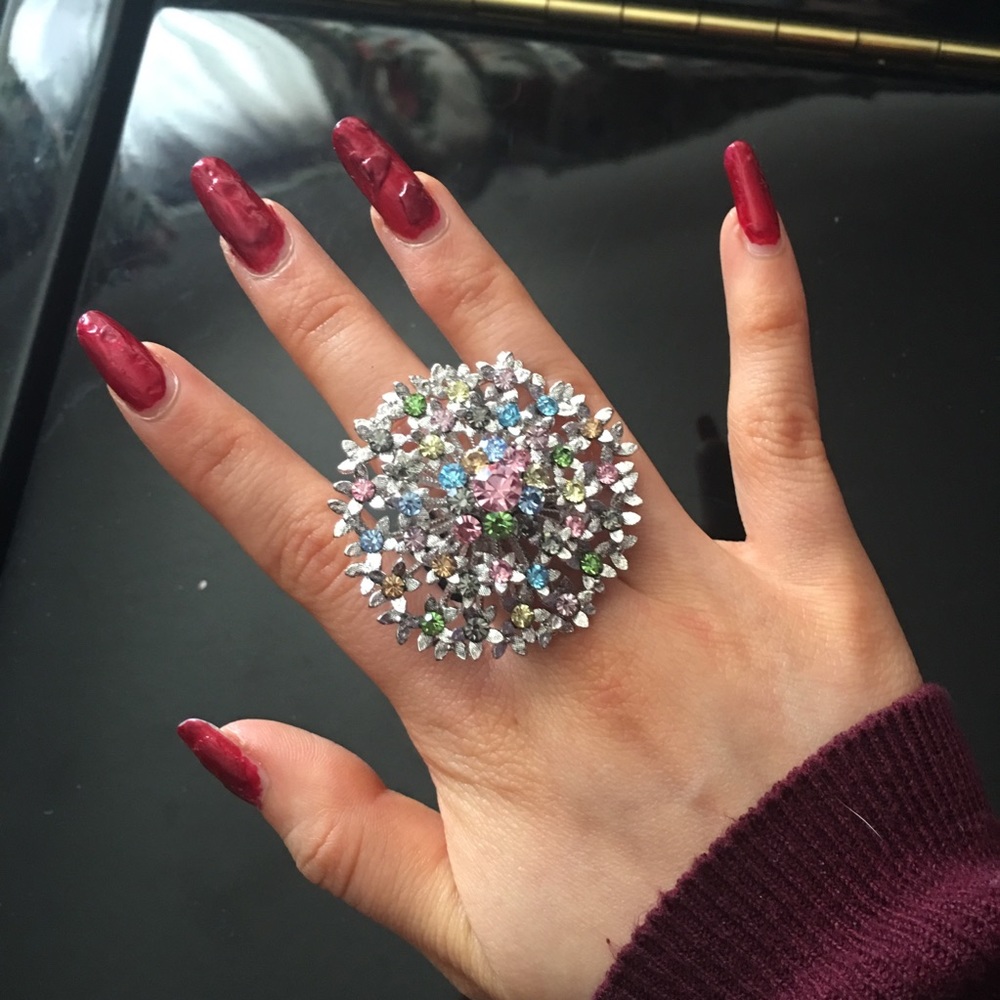 🆕 Colorful Diamond Gem Floral Snowflake Ring